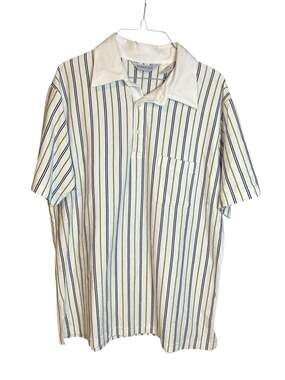 Vintage Royale-Air Men's Striped Short Sleeve Polo Shirt Large White Blue Yellow